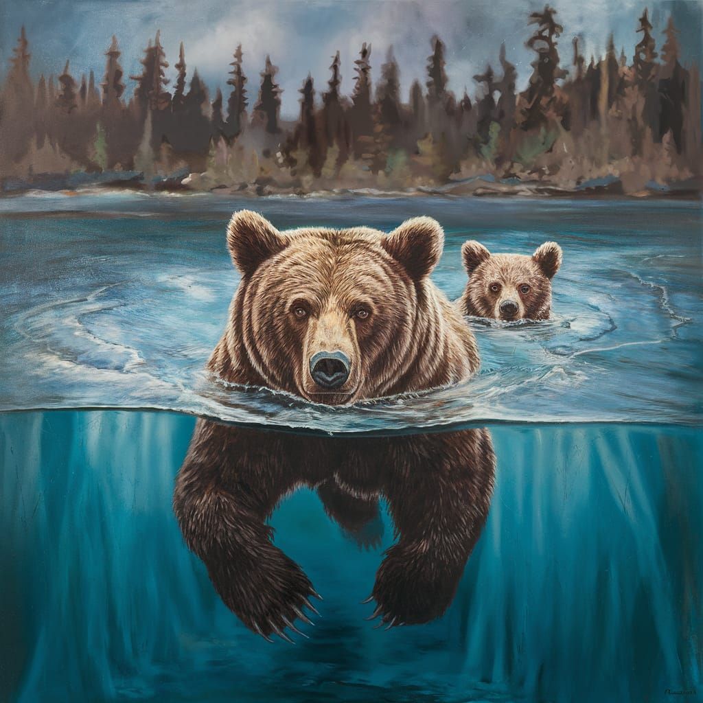 Grizzly Bear and Cub in Glacier Melt-Off