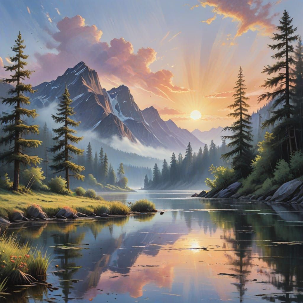 Peaceful Lake Landscape in Soft Pastel Colors