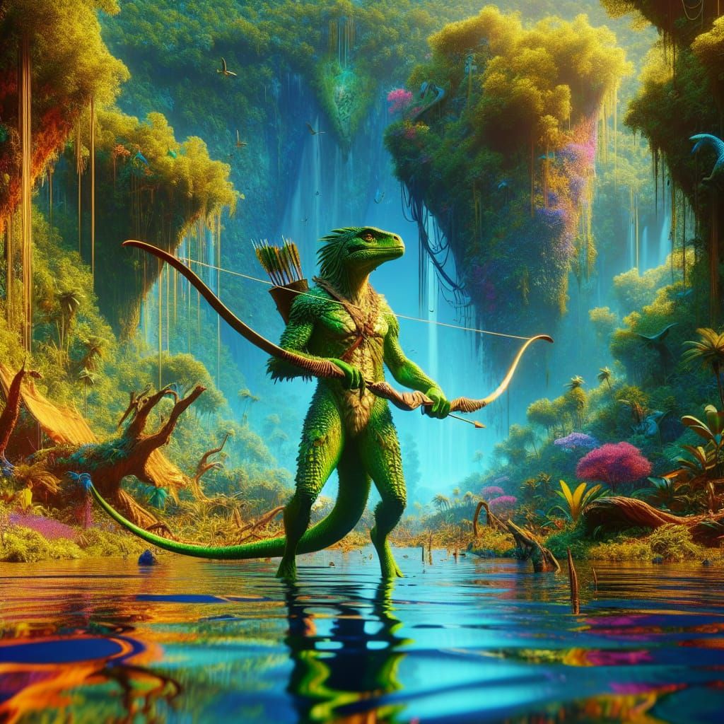 Lizard Archer in Jungle Sea, Fantasy Concept Art