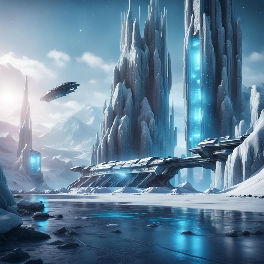 Futuristic Ice City Spaceship Landing, Digital Art