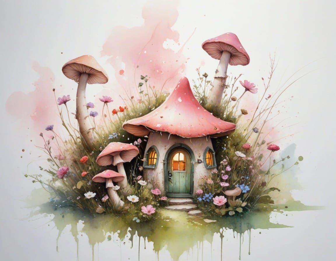 Enchanting Fairy Mushroom House in Wildflower Meadow
