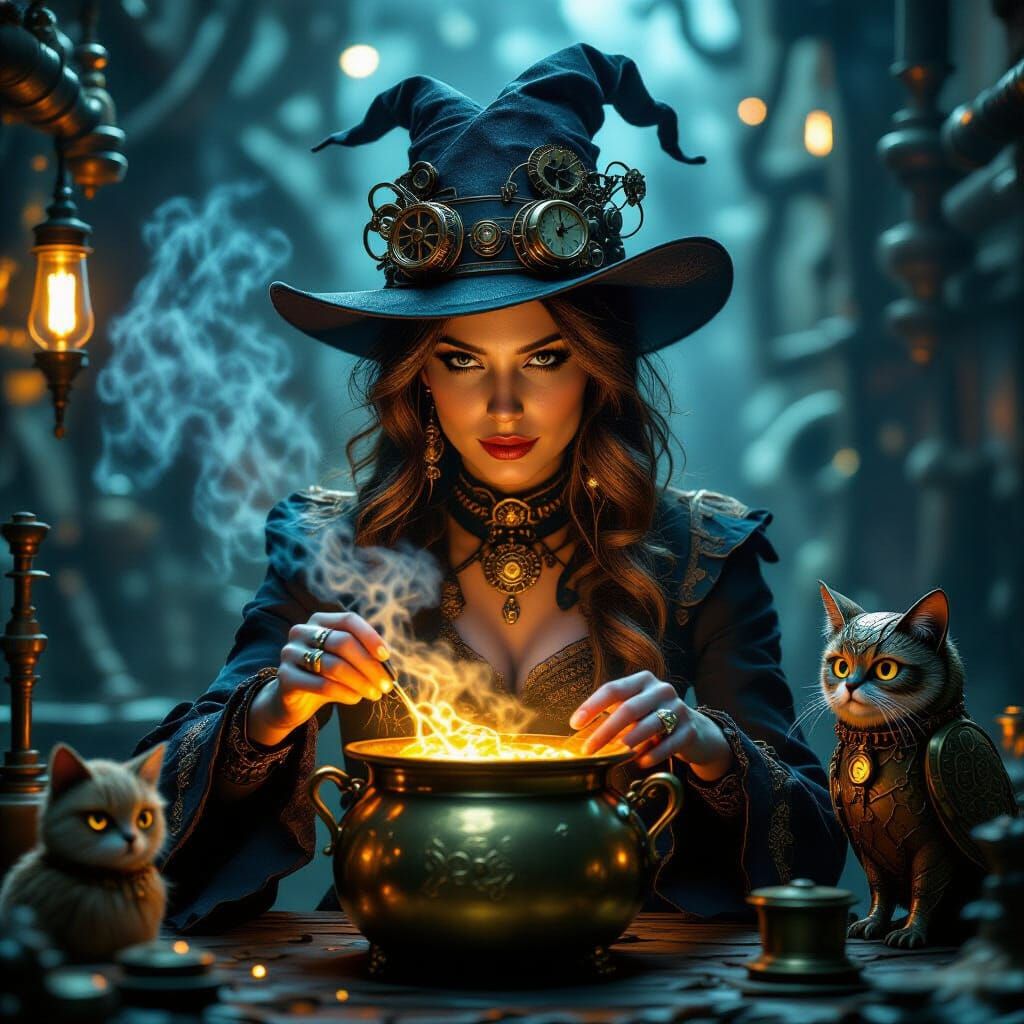 Steampunk Witch Brewing Potions with Mechanical Familiars