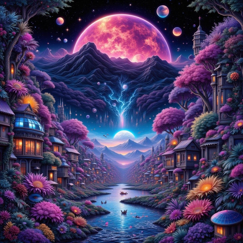 Futurepunk Night Cityscape Patterns in Vibrant Style