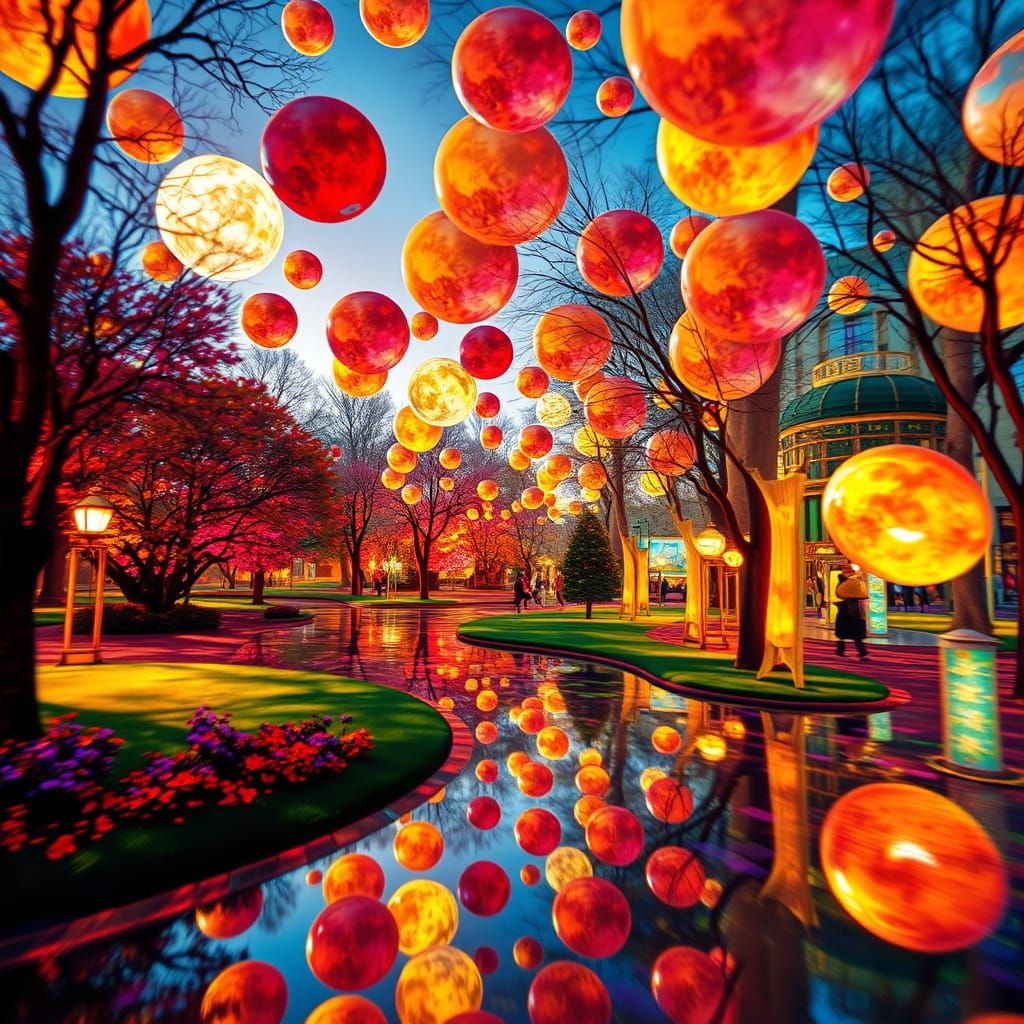 Surreal Park Scene with Vibrant Refractions and Melting Oil ...