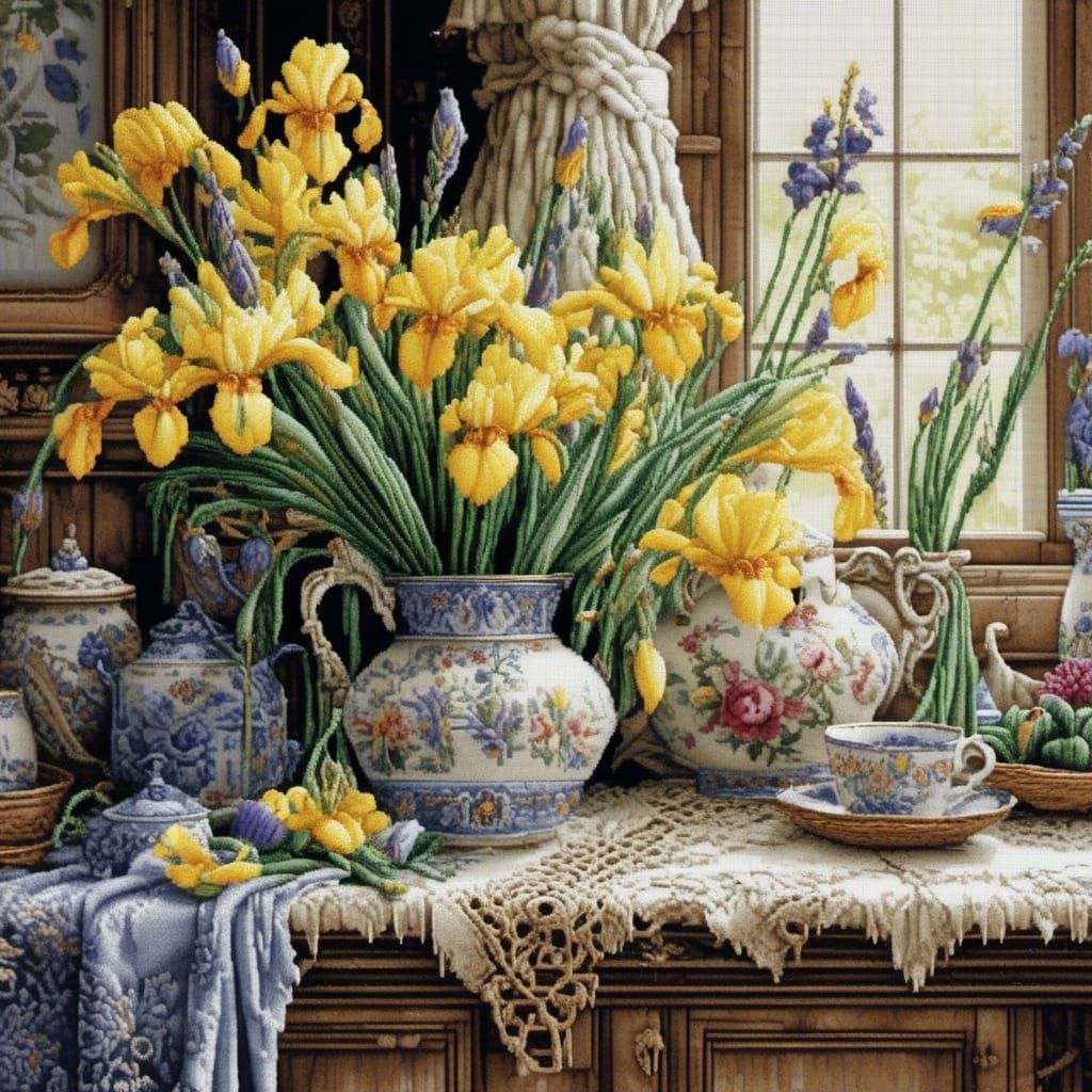 Cross Stitch of Yellow Irises in Country Kitchen