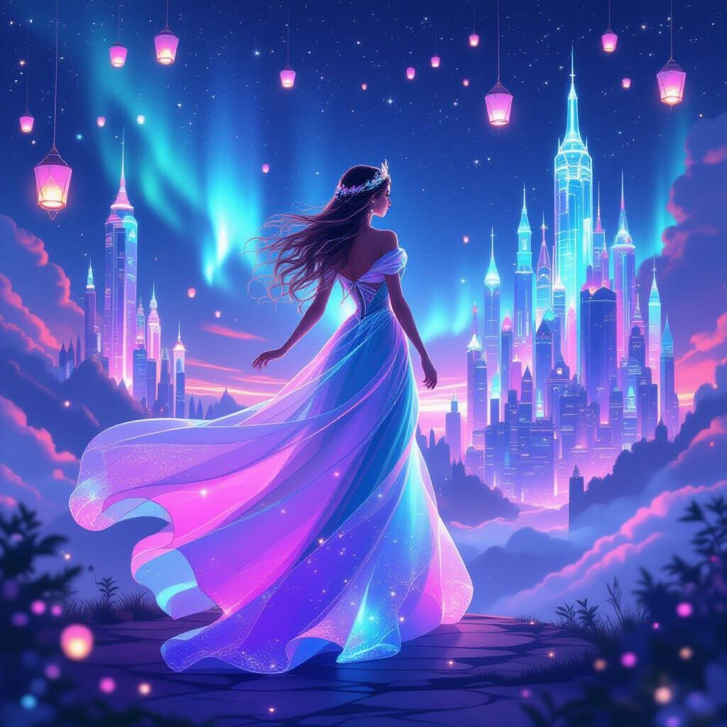 Magical Princess in Iridescent Gown, Hyper-Realistic Illustr...