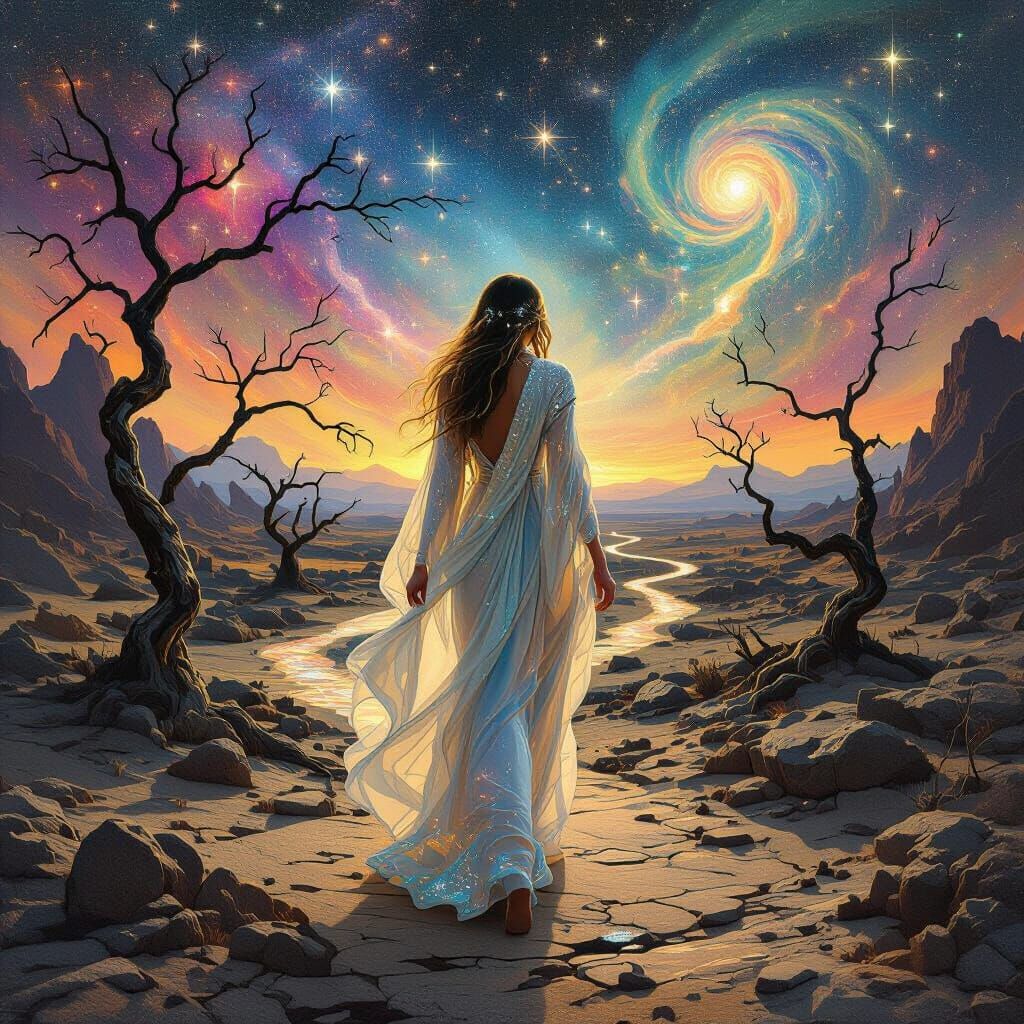Celestial Woman Weeping Starlight Tears in Surreal Landscape