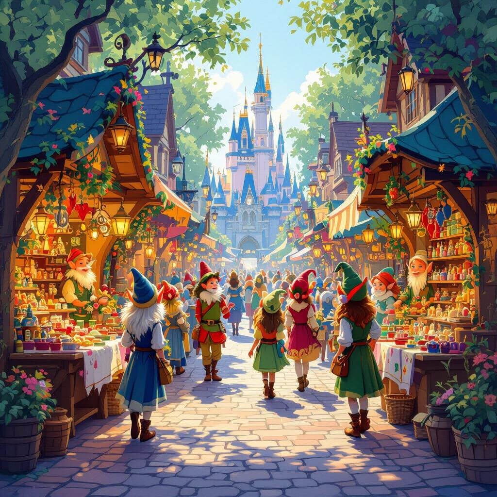 Magical Street Fair with Elves and Fairies in Fantasia Style