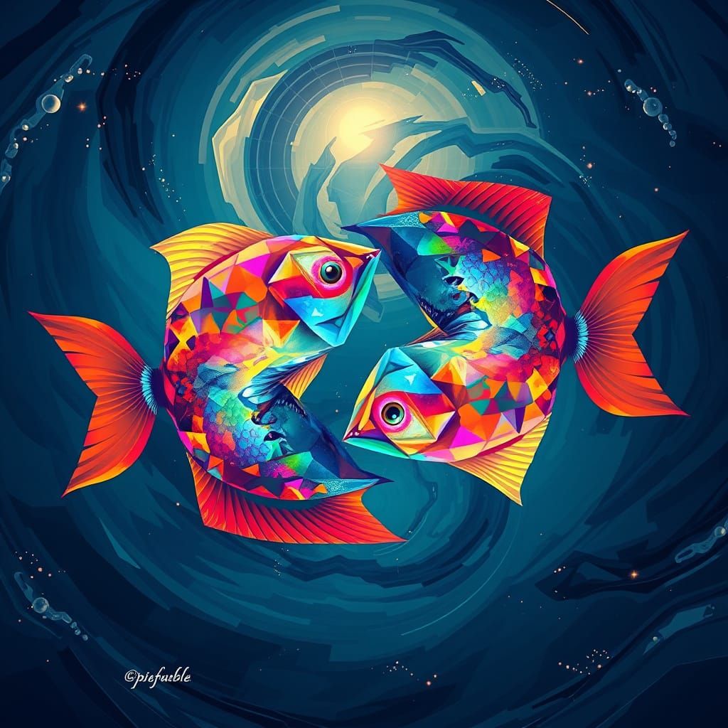 Cosmic Pisces Symbol in Vibrant Neo-Cubist Style