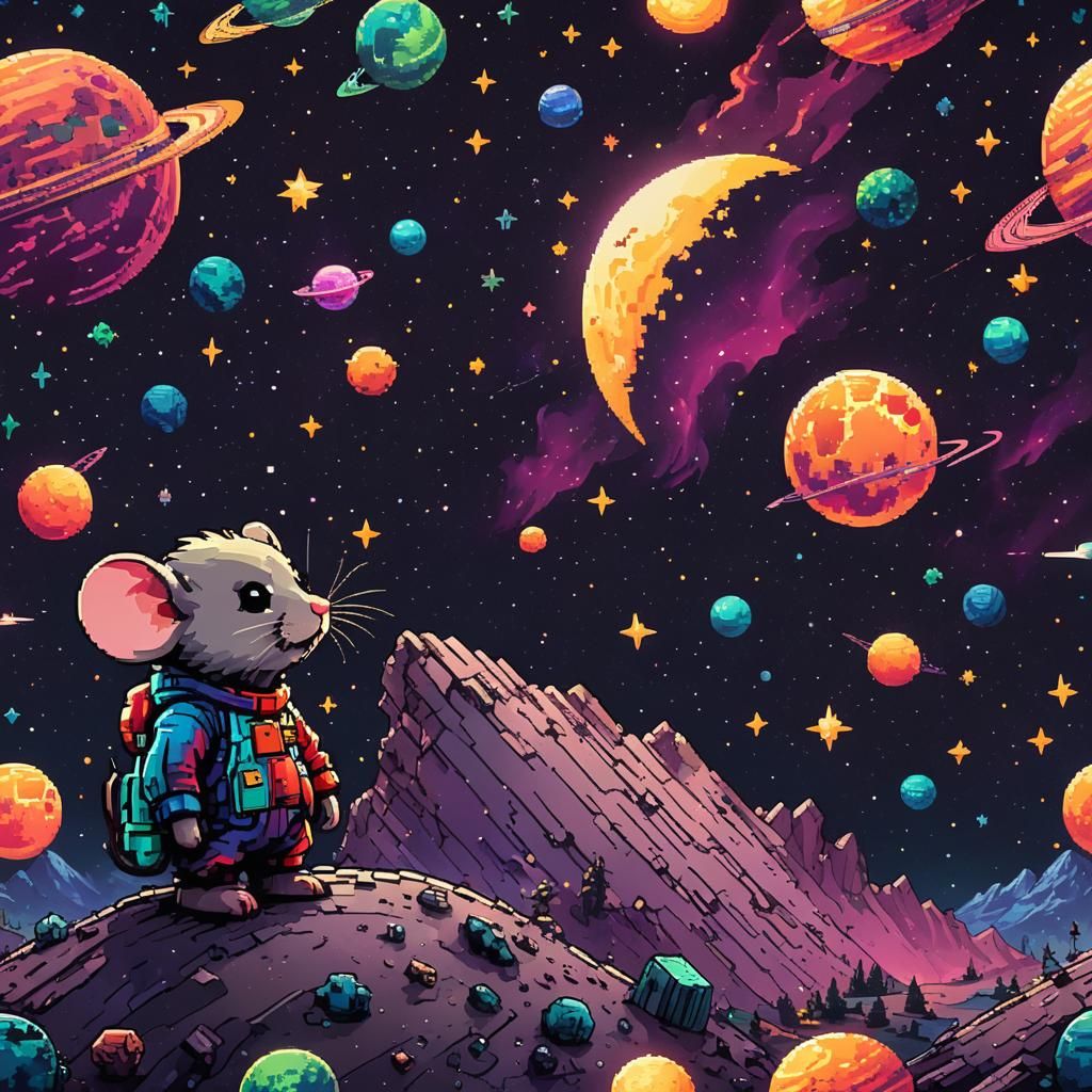 Chibi Mouse on Moon in 8-Bit Pixel Art