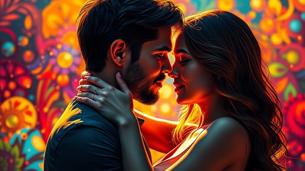 Passionate Couple Embracing in Dramatic Ambient Light