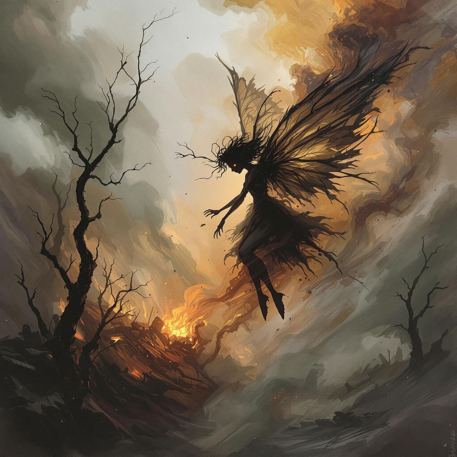 Ethereal Fairy in Charred Forest: Mystical Art