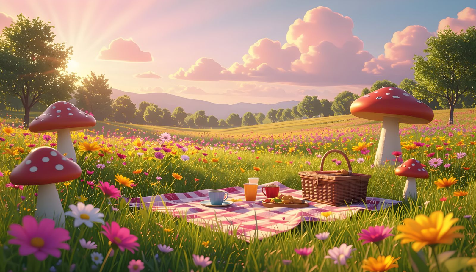 Magical Meadow Picnic with Pink Sky and Sun