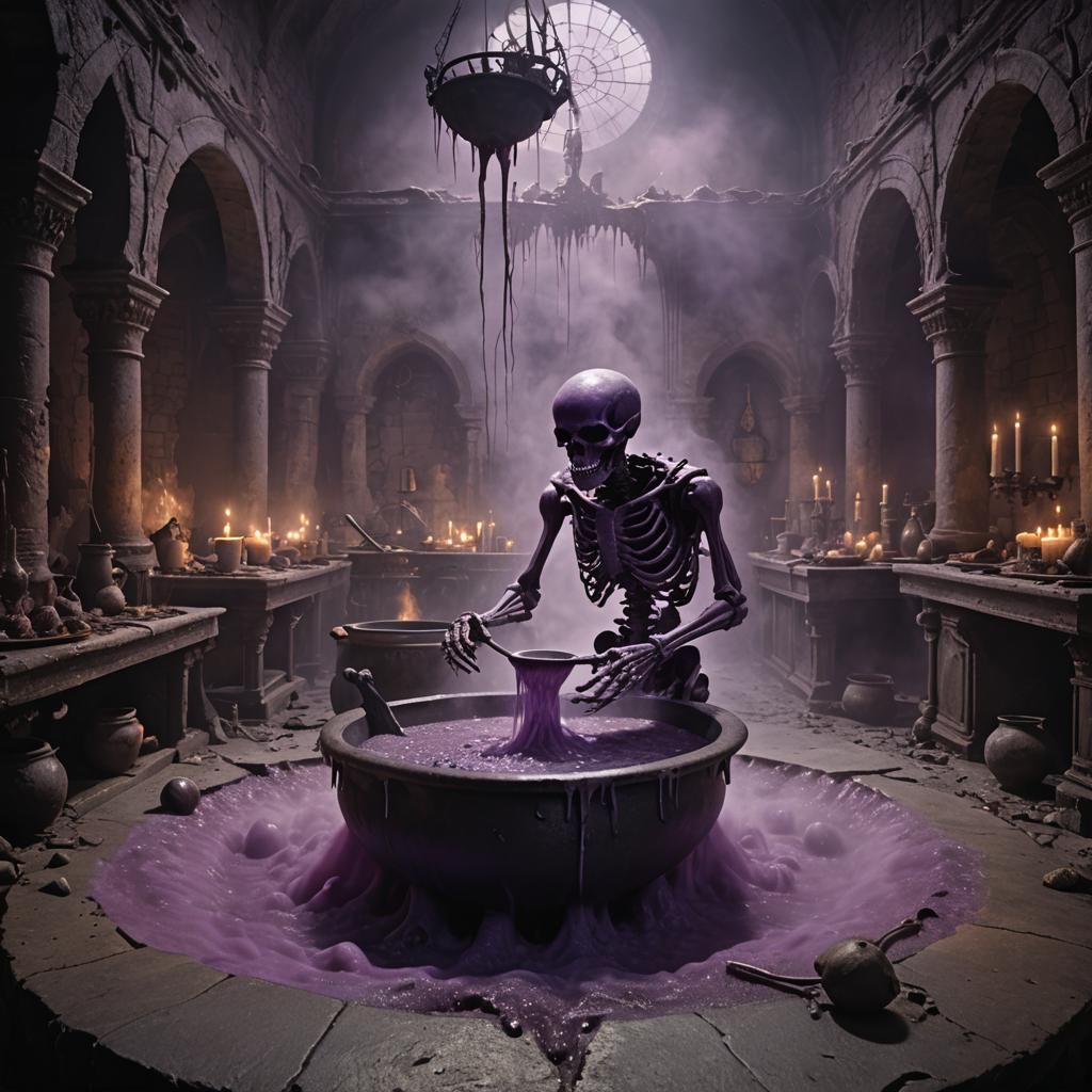 Mysterious Dark Fantasy Scene with Glowing Purple Soup