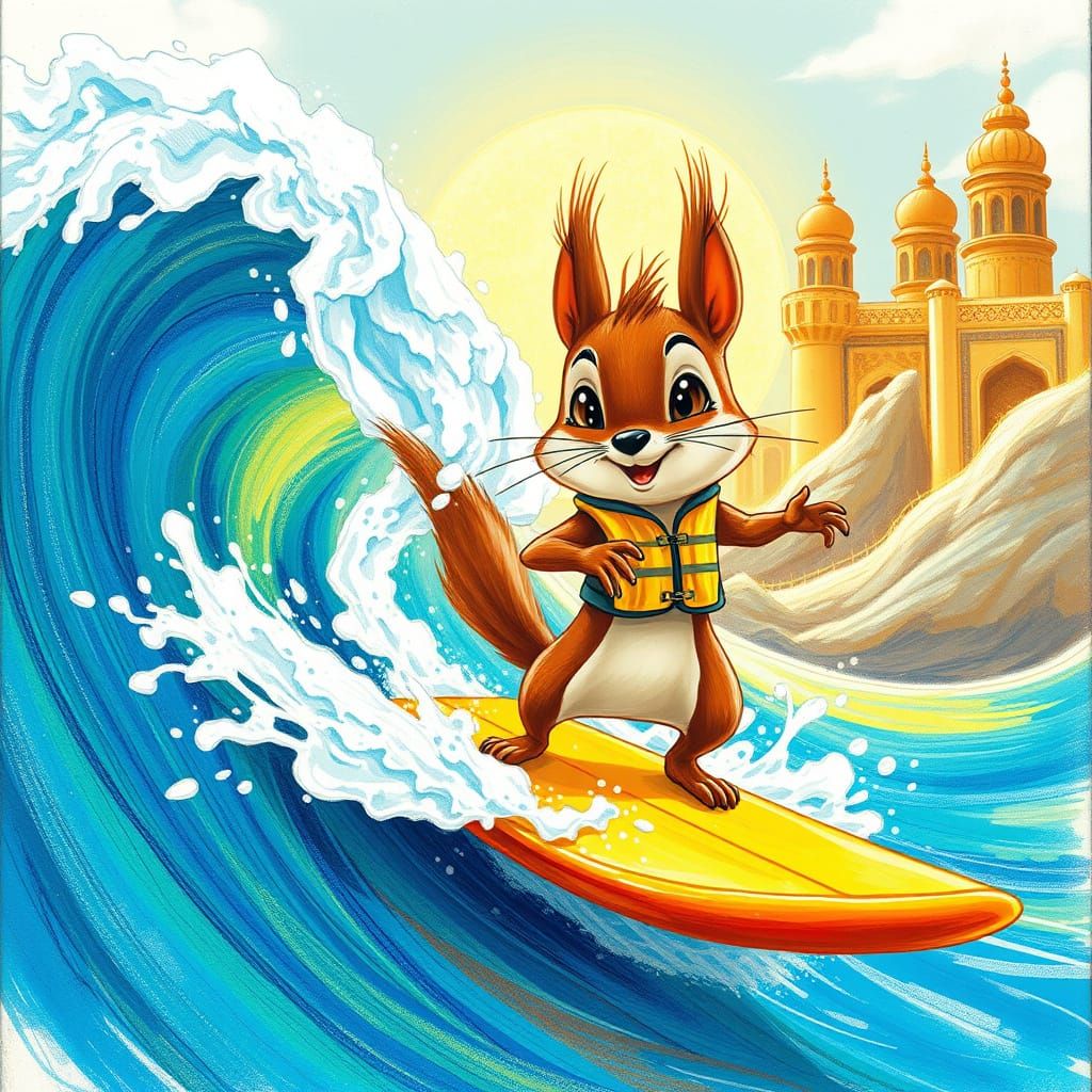 Squirrel Surfing a Wave in Colorful Pencil Sketch Style
