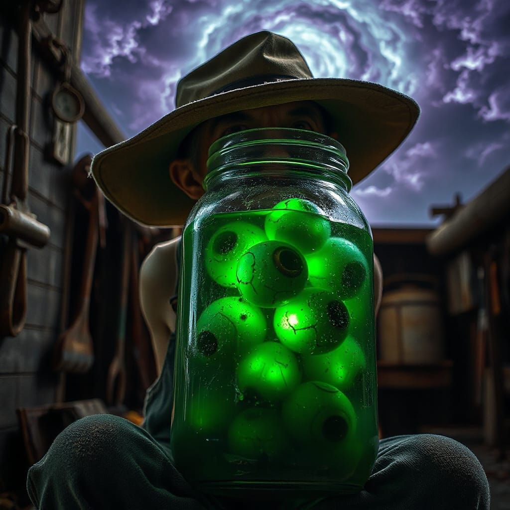 Surreal Americana Eerie, Old Man Contemplates Glowing Eyebal...