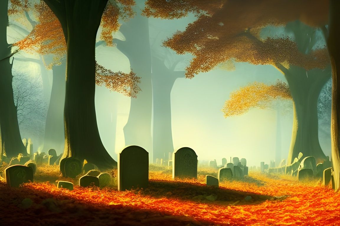 Magical Graveyard in Autumn Forest: Hyperrealistic Painting