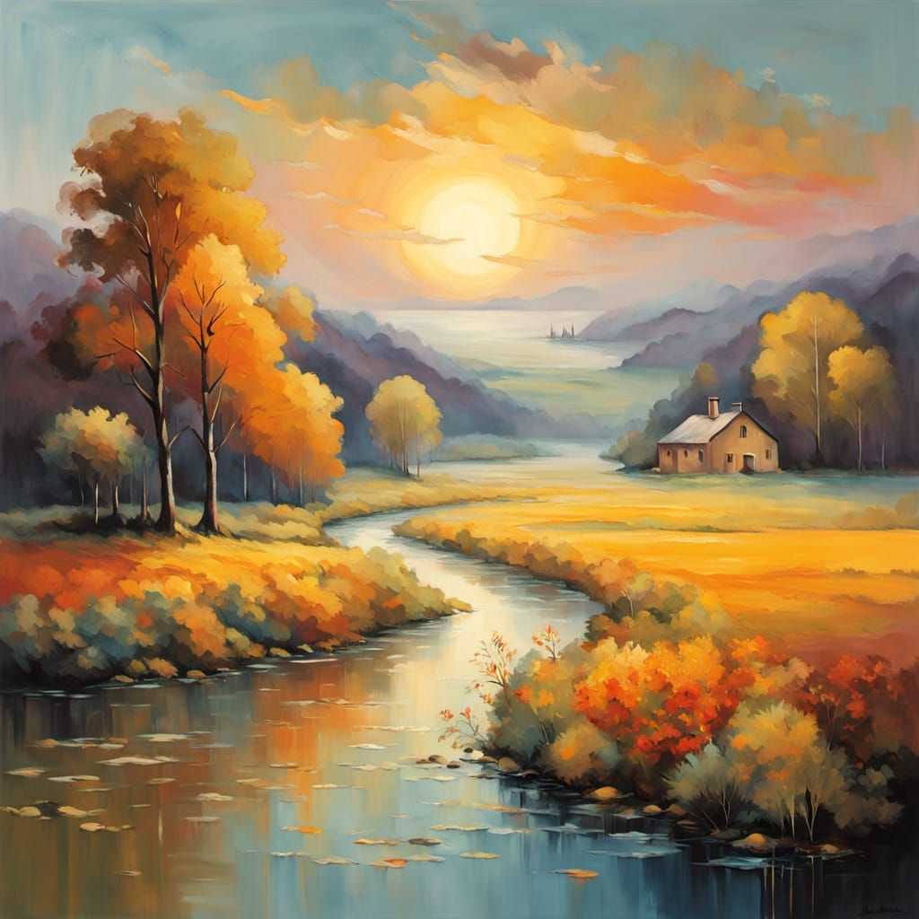 Dreamy Countryside Landscape in Vibrant Fusion Colors