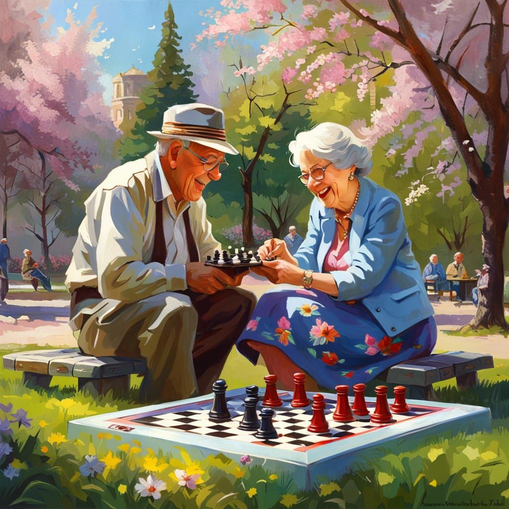 Geriatric Couple Playing Checkers on Spring Day