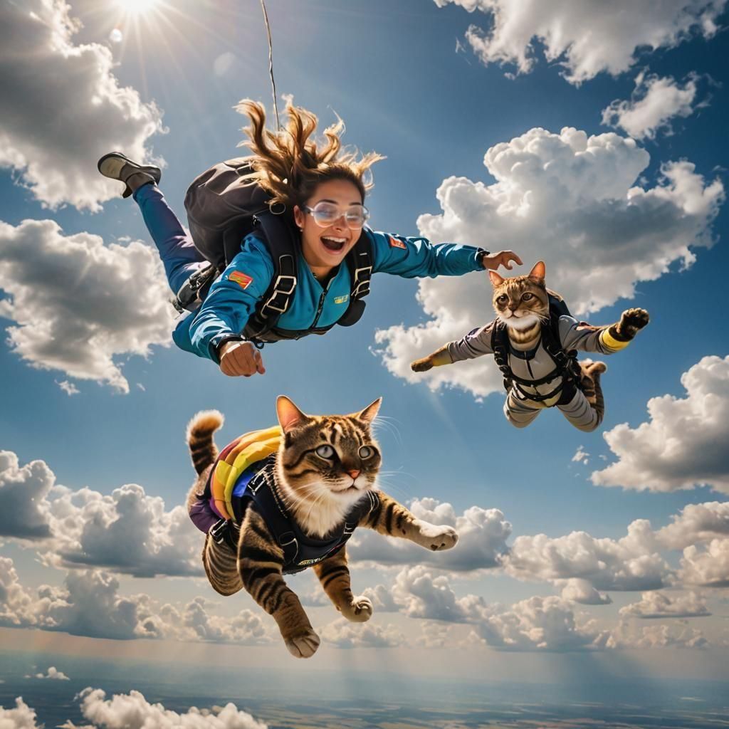 Girl Skydiving with Giant Cat in Realistic Photo