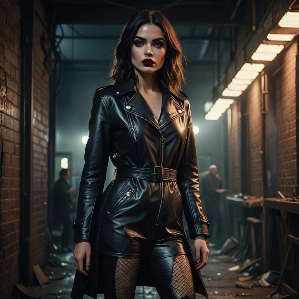 Seductive Woman in Leather Coat, Fishnets, and High Boots, C...