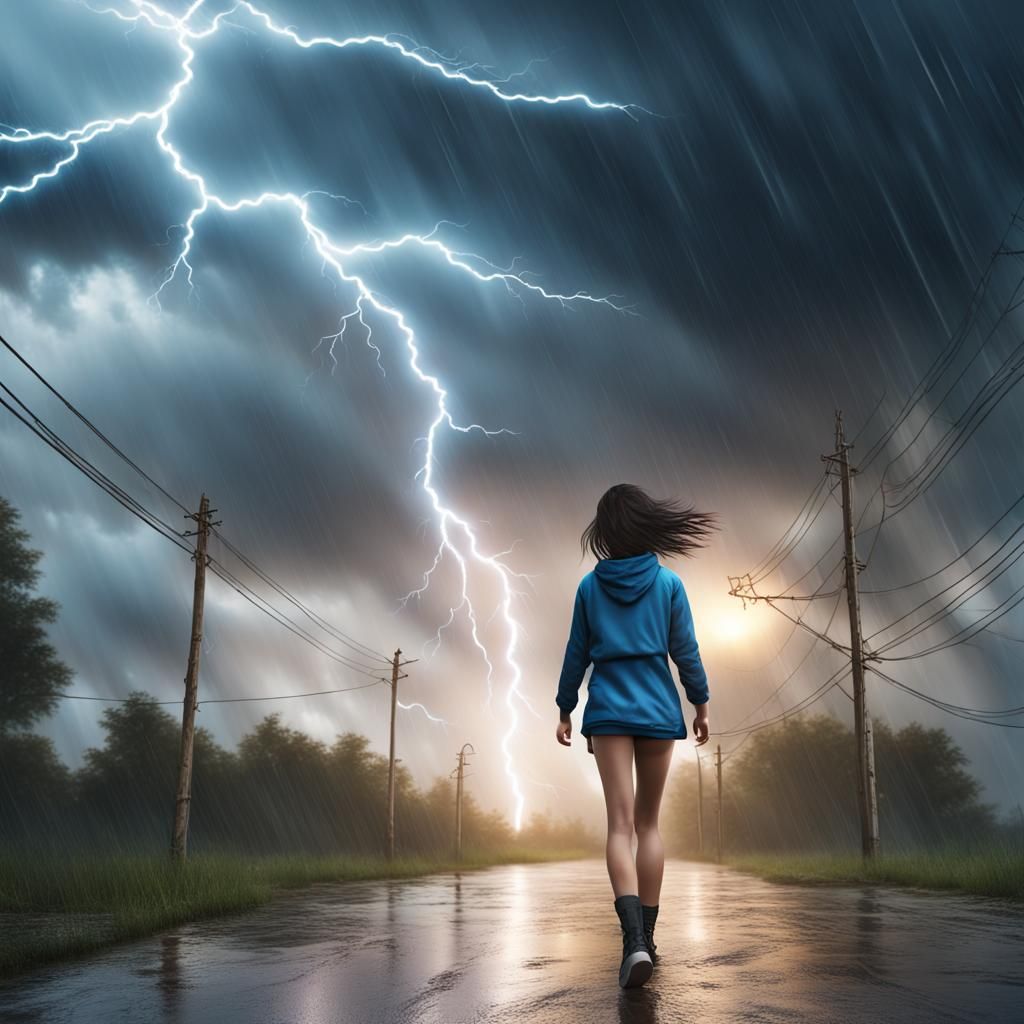 Girl Smiling in Storm Lightning, Fantasy Art
