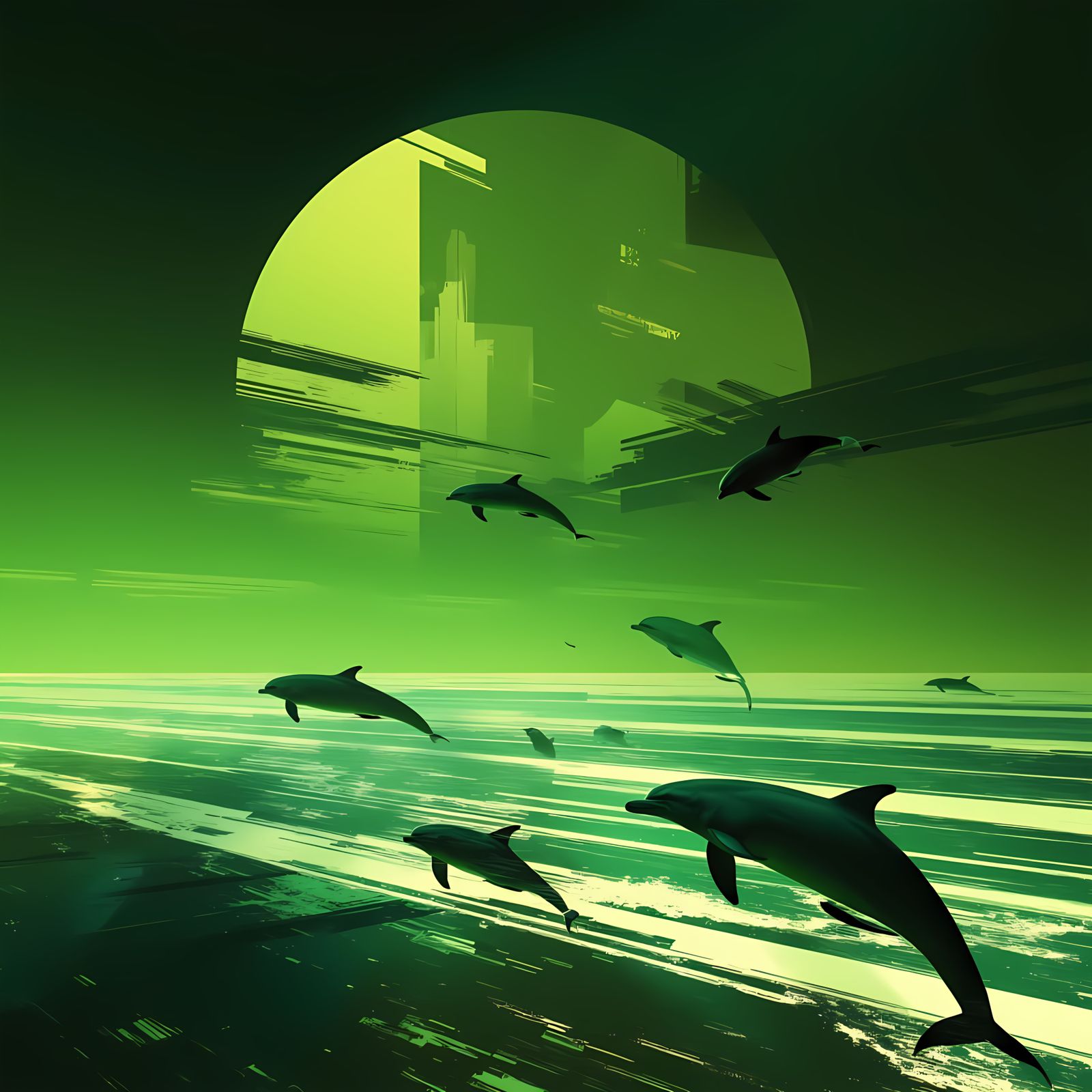 Surreal Dolphin in a Futuristic Ocean Scene