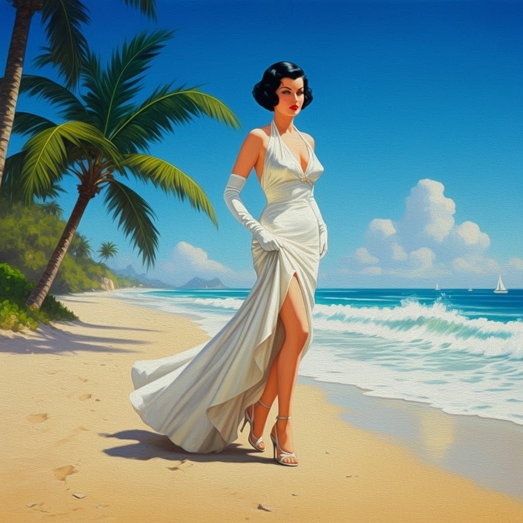 Glamorous Woman on Tropical Beach in Oil Painting Style