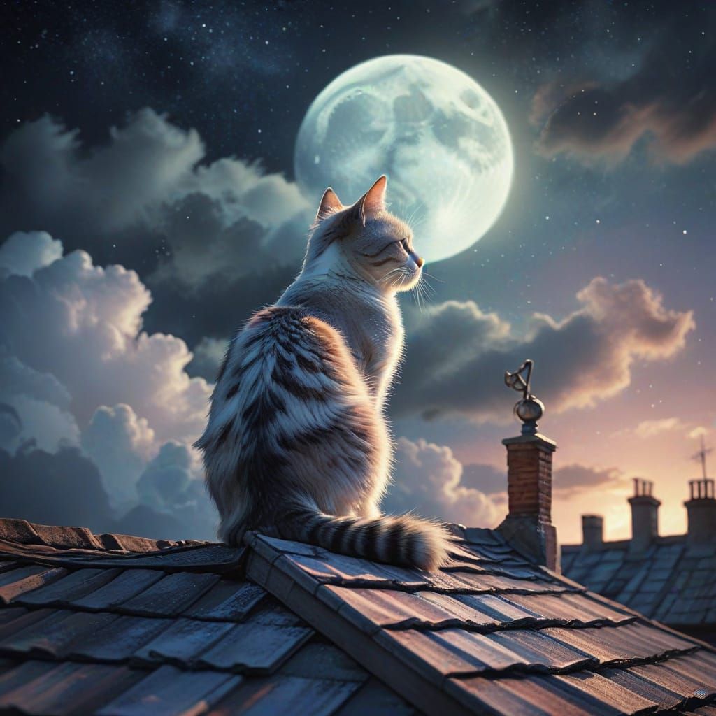 Dreamy Cat Silhouette Under Moonlight in Watercolor Style