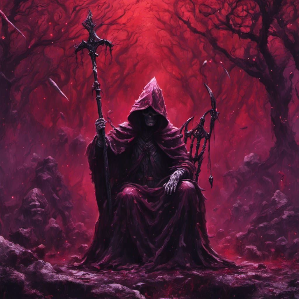 Red Grim Reaper in a Bloody Forest