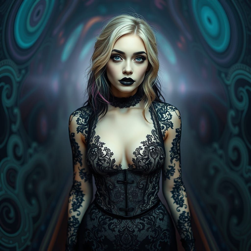 Gothic Woman in Vibrant Psychedelic Background