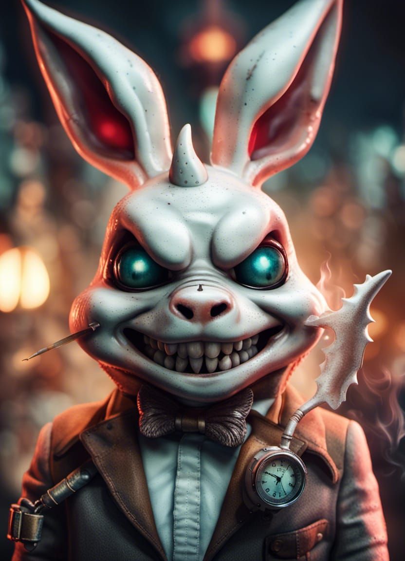 Demented White Rabbit with Glowing Eyes in 3D