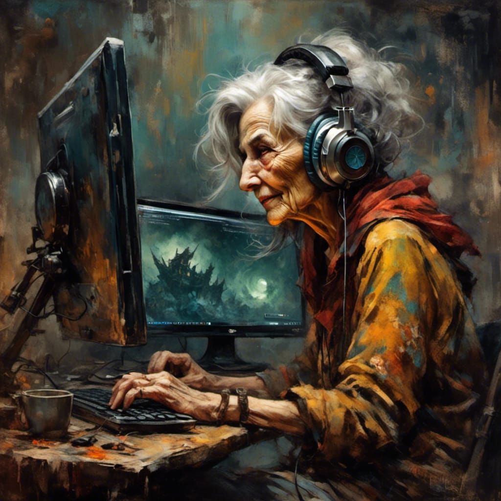 Elderly Woman Immersed in World of Warcraft