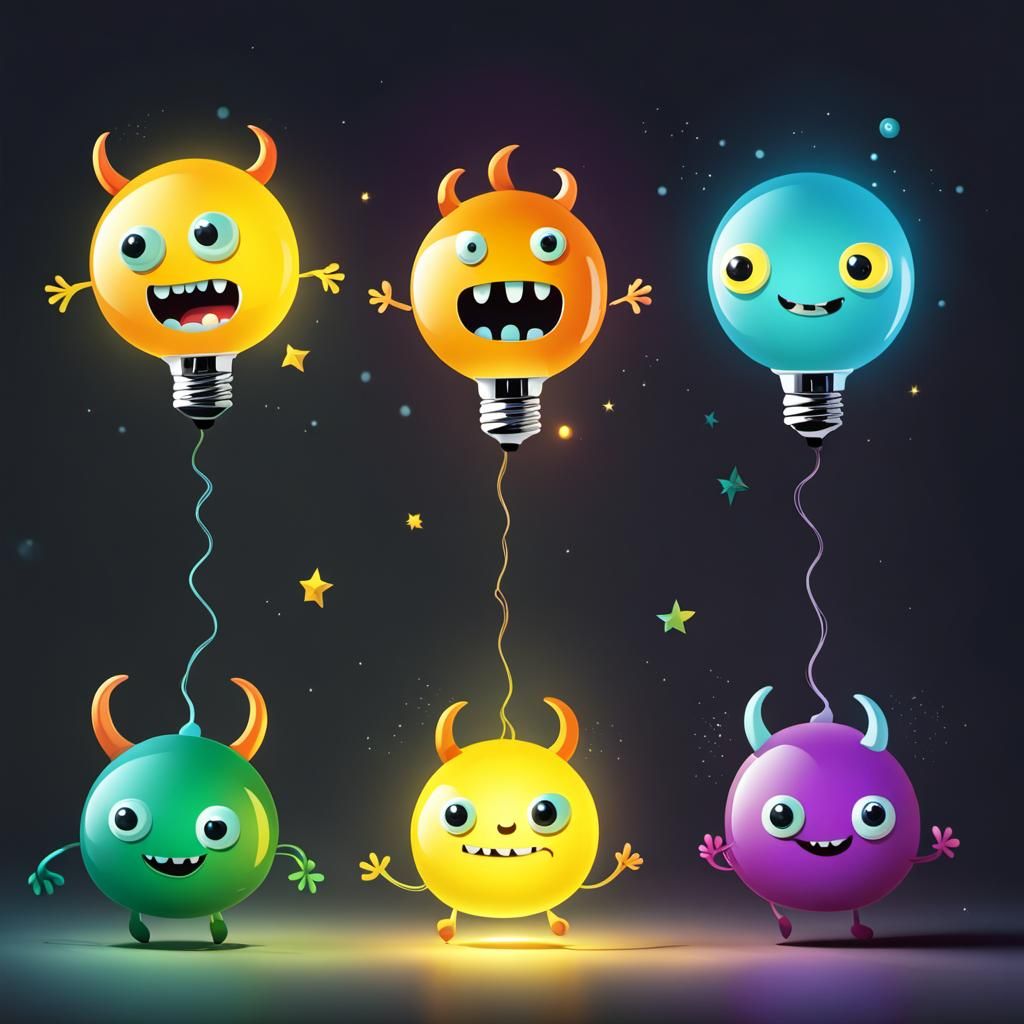 Cartoon Lightbulb Monsters Floating in Air