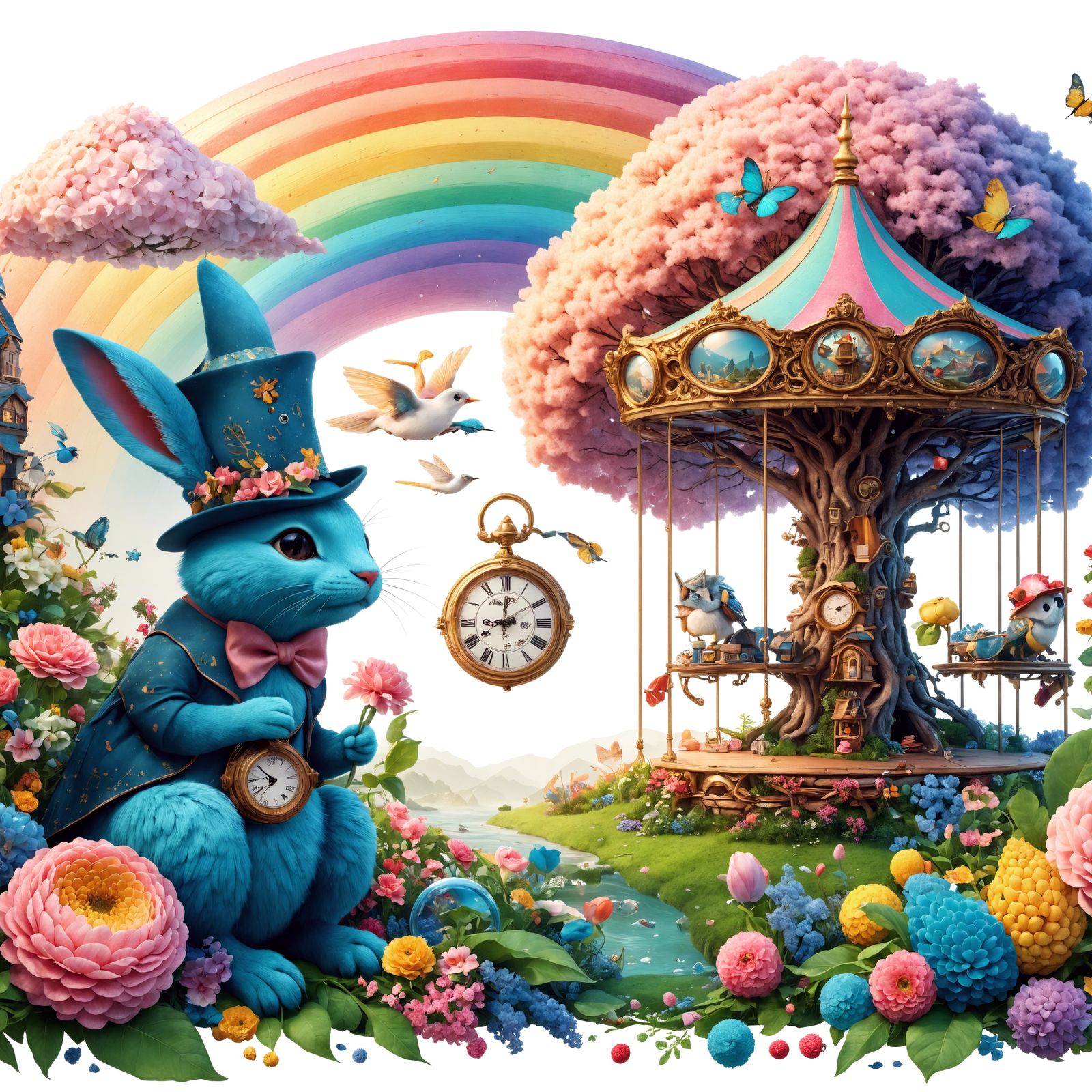 Whimsical Scene with Rainbow, Rabbit, and Carousel