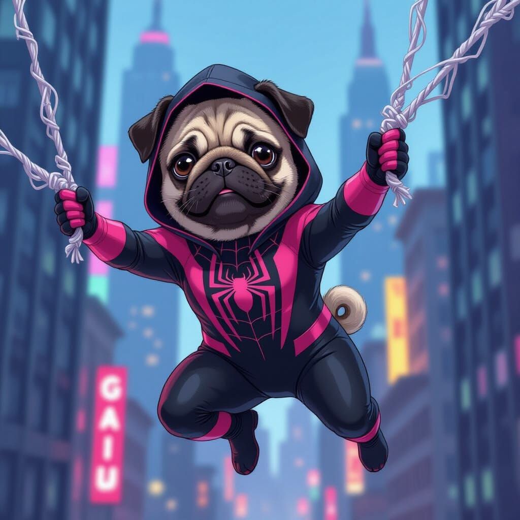 Pug Superhero Swings Through Cyberpunk Cityscape