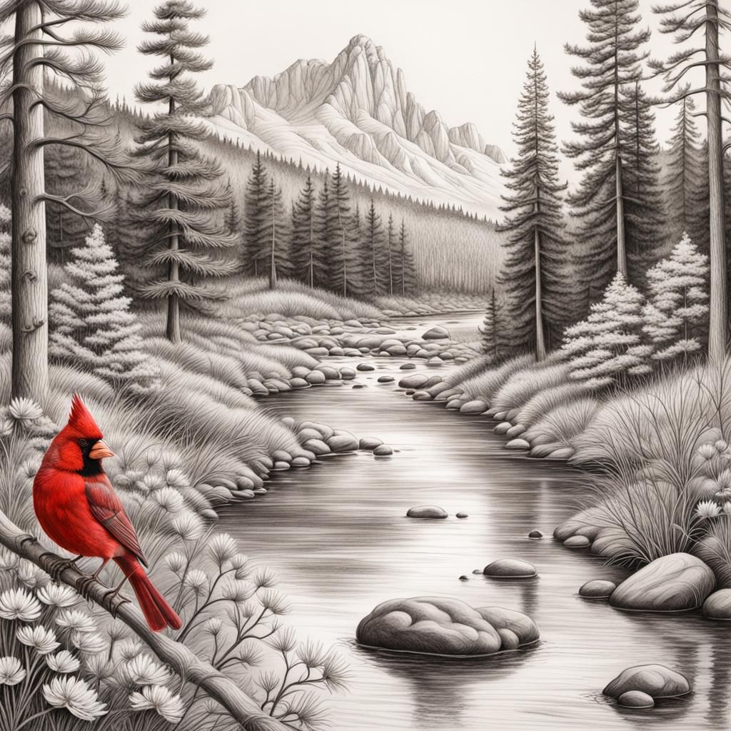 Detailed Pencil Sketch of Spring Forest with Cardinal