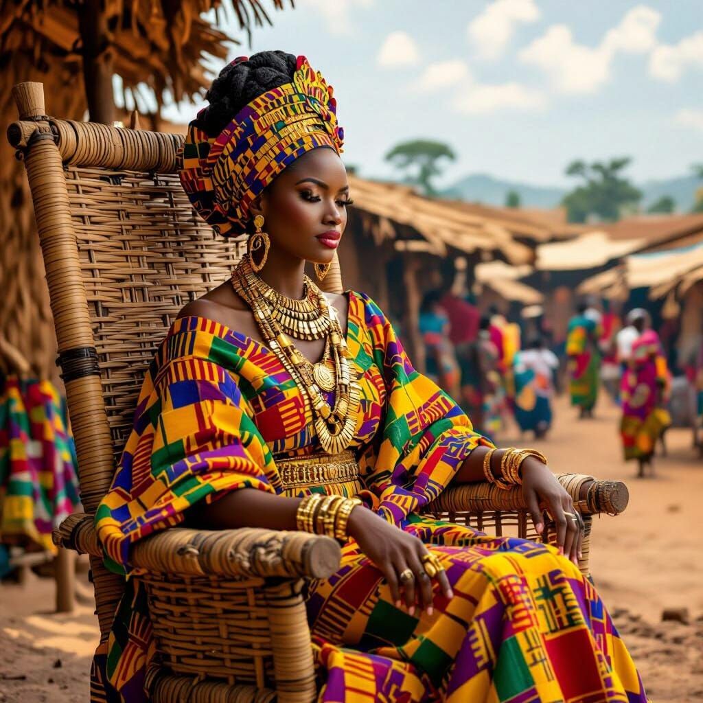 African Queen Overlooking Marketplace, Vibrant Portrait