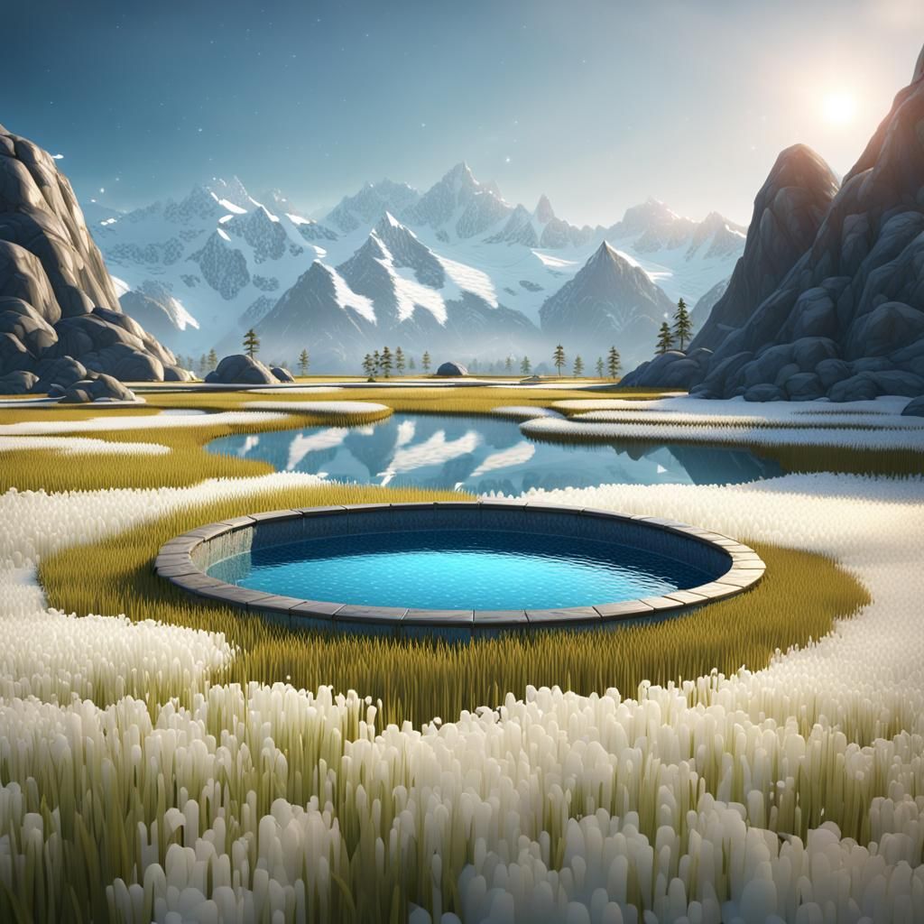 Rice Field Pool with Snowy Mountain Backdrop