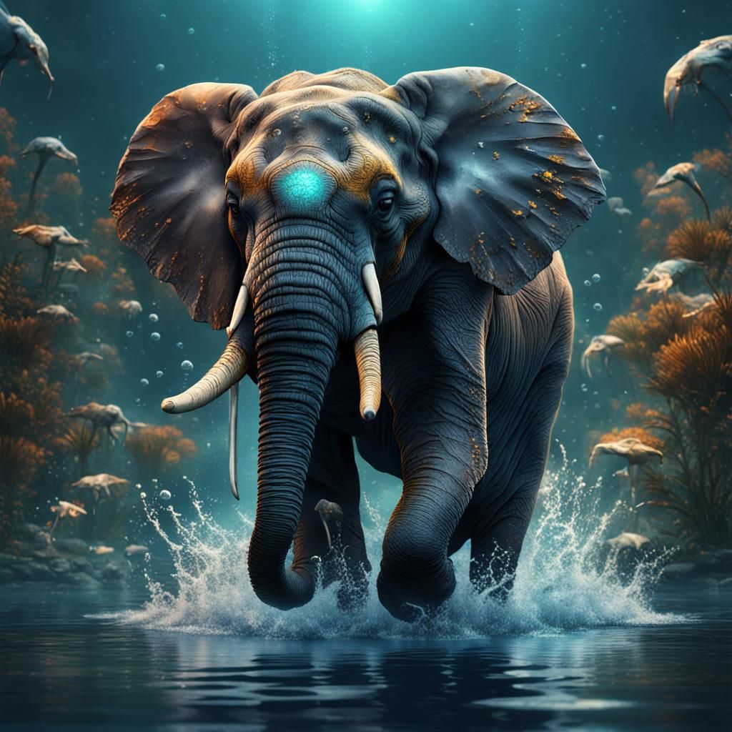 Fantastical Baby Elephant in Water, Detailed Matte Painting