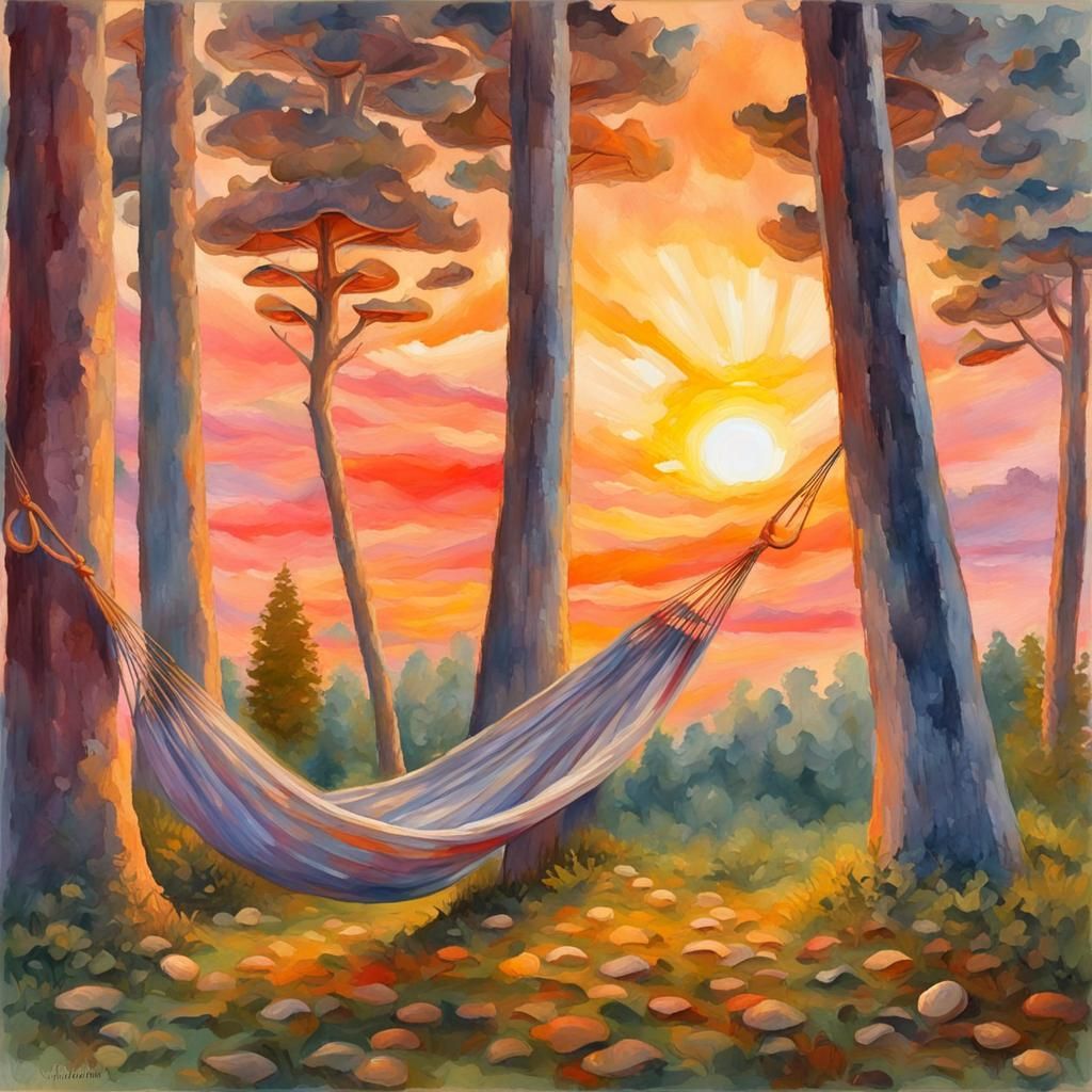Hammock at Sunset in Gouache Impressionist Style
