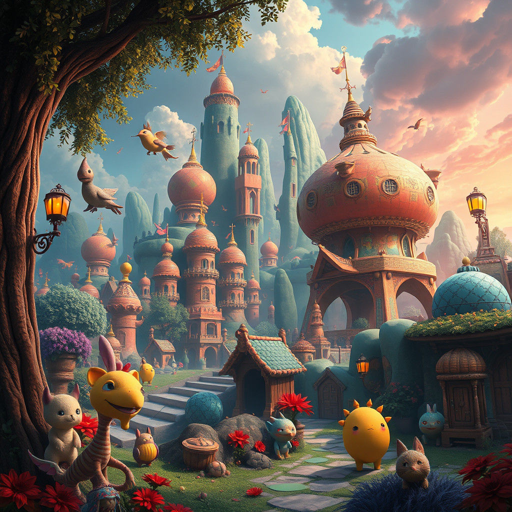 Enchanting Creatures in Lush Fantasy Landscape