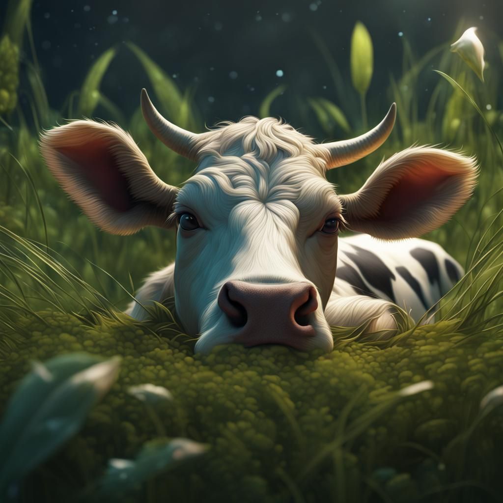 Calf Asleep on Grass: Fantasy Concept Art