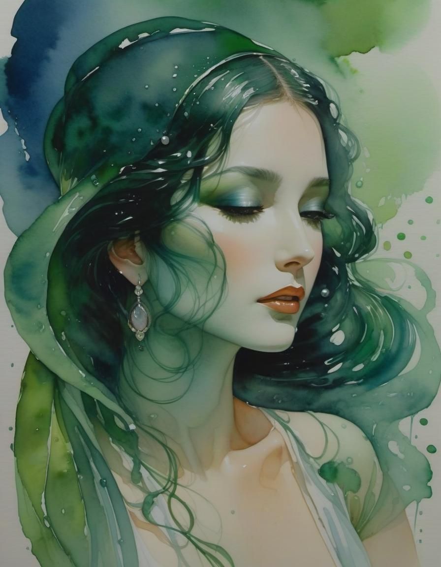 Gaia in Green: Watercolor Art Nouveau Portrait