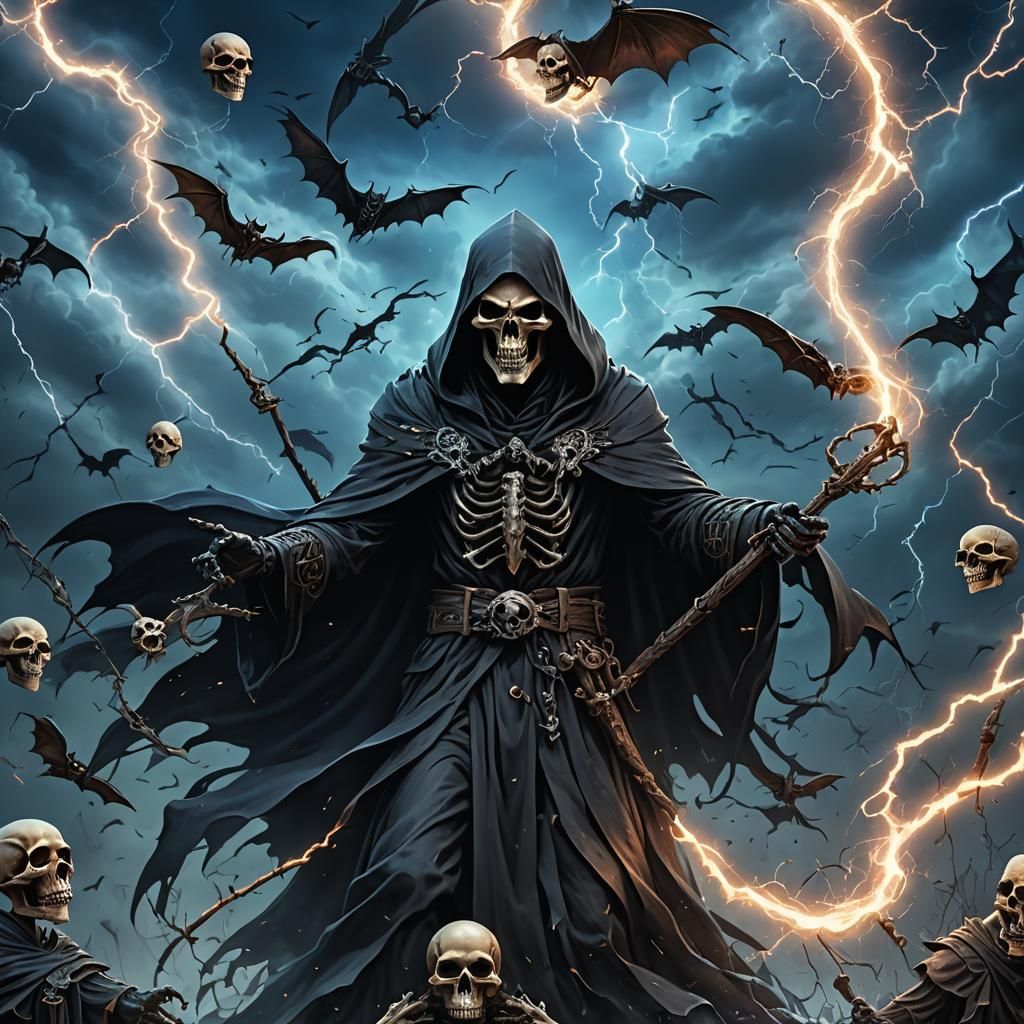 Grim Reaper in Dark Art Style with Bats and Skulls
