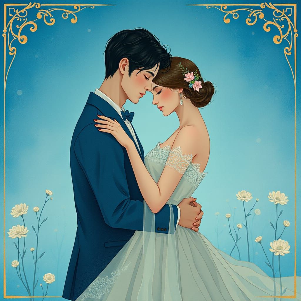 Lovers Embrace in Blue, Art Nouveau Style