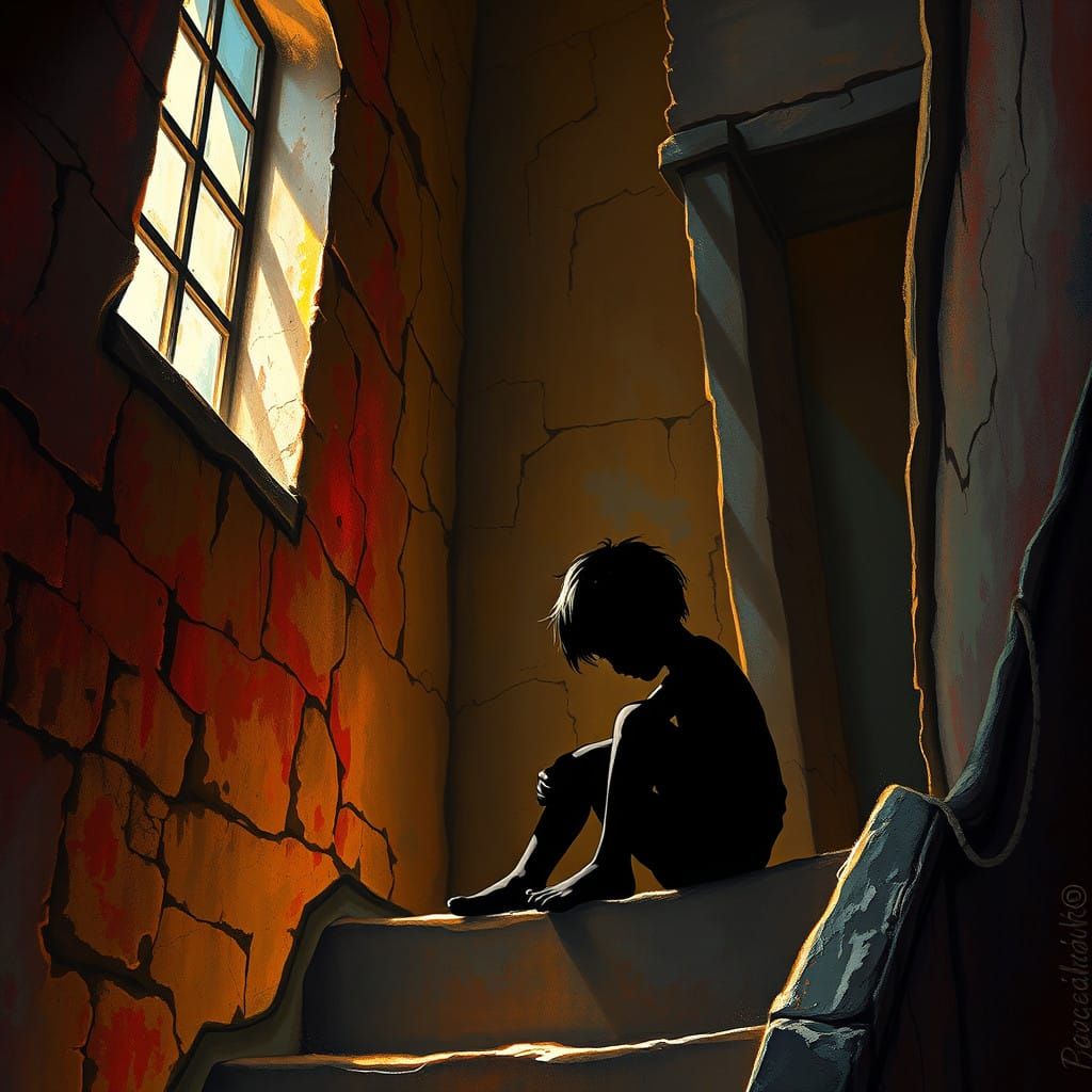 Young Boy Contemplates in Ancient Staircase, Golden Light