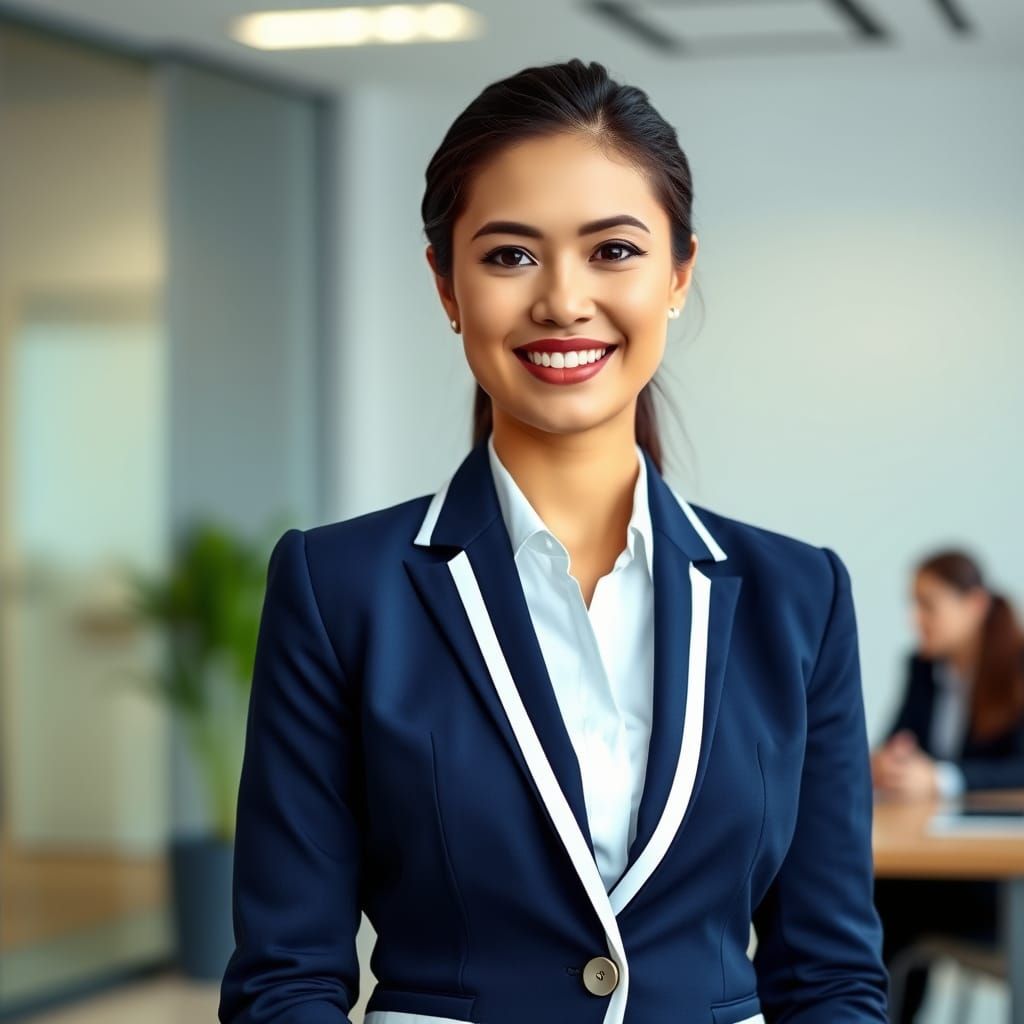 Confident Latina Executive in Smart Dark Blue Pantsuit