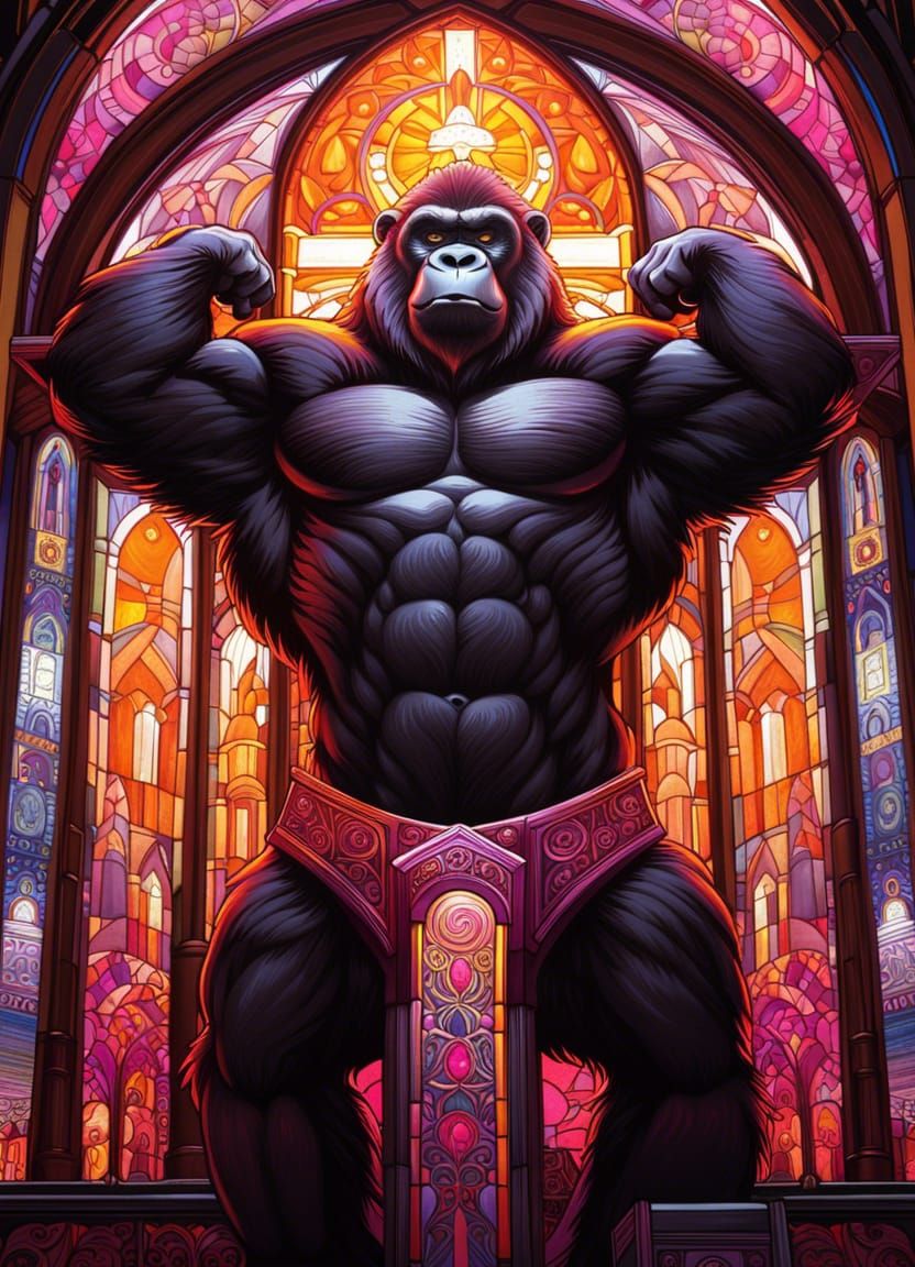 Furry Gorilla Priest Flexing in Ornate Church