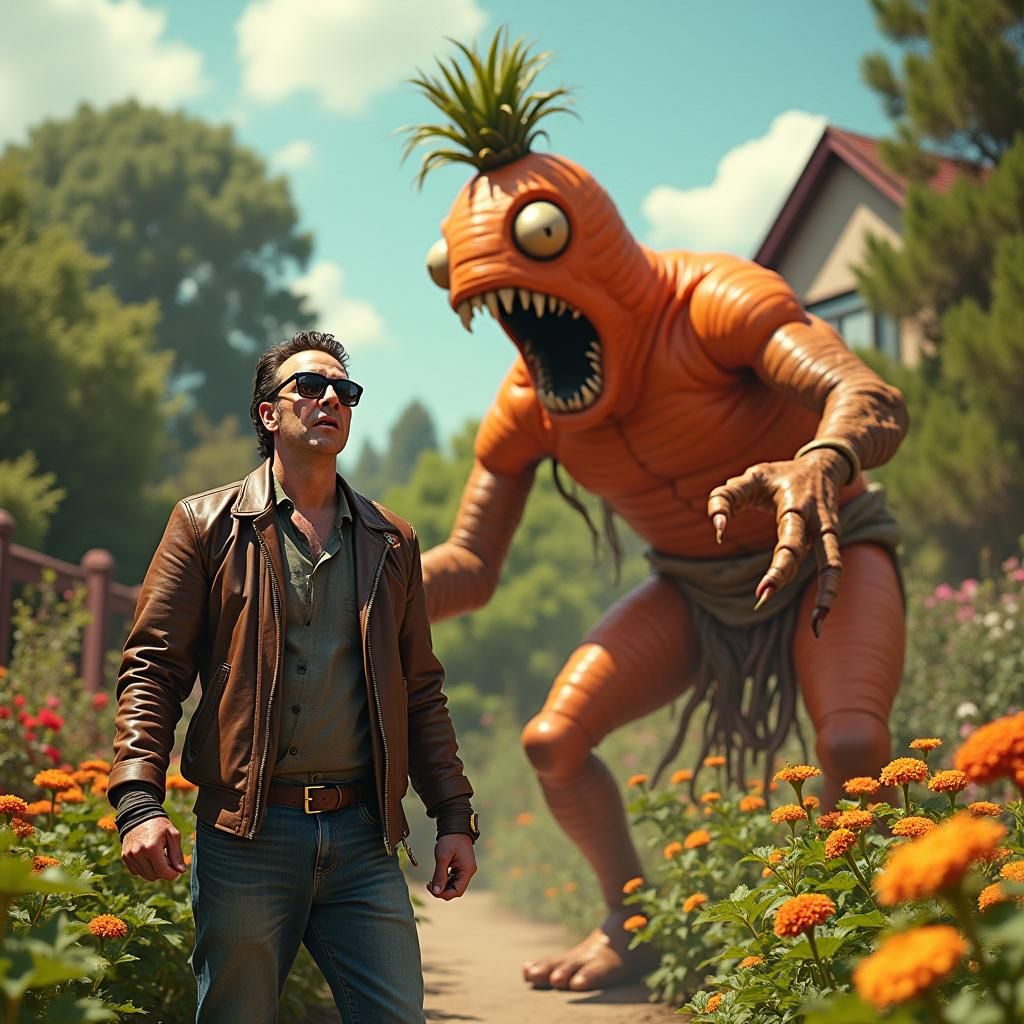 Nicolas Cage vs Giant Carrot in Pop Art Style